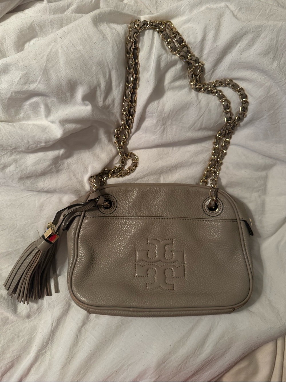 Tory Burch Taupe Leather Chain Shoulder Bag with Tassel